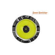 Close-up of the Acebeam W20 LEP Flashlight with Wide Angle Spill, featuring a labeled diagram pointing to the 2mm emitter at the center—highlighting precise illumination typical in tactical flashlights.