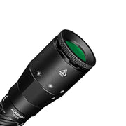 A close-up of a black Acebeam W20 LEP Flashlight with Wide Angle Spill, highlighting the lens and control markings on the head against a white background.