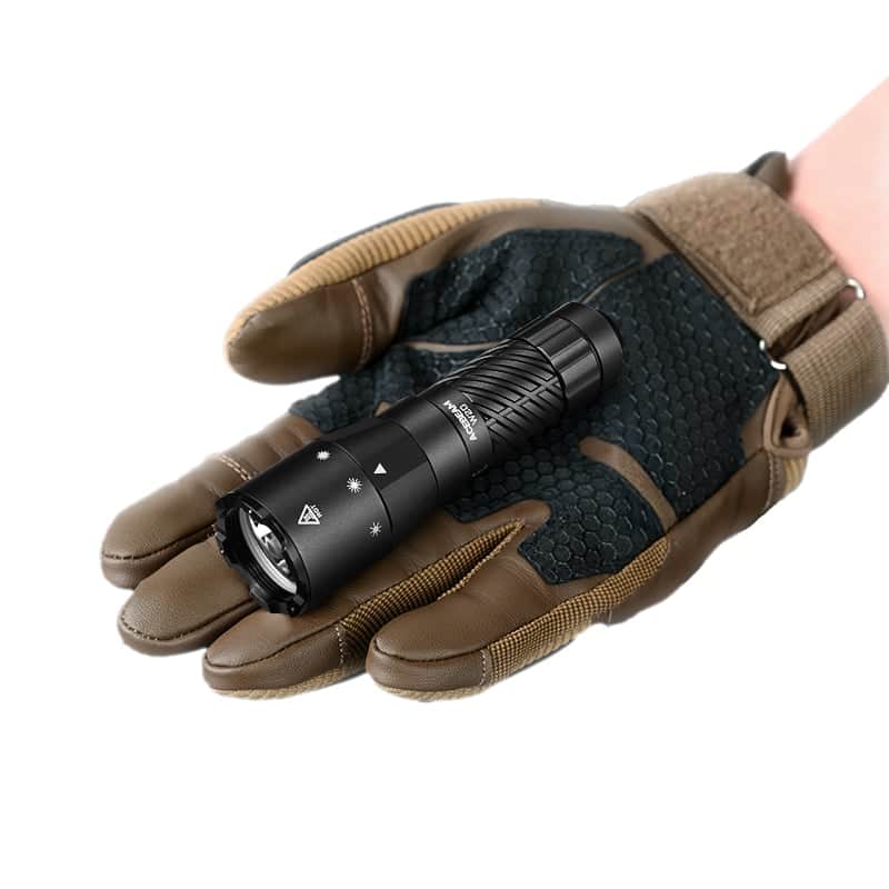 A gloved hand holds the Acebeam W20 LEP Flashlight, featuring a black patterned grip, adjustment markings on the head, and a wide angle spill design to illuminate broad areas.