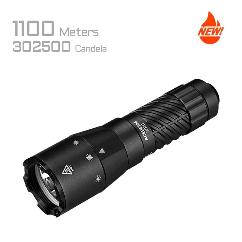 Black handheld tactical flashlight labeled "Acebeam W20 LEP Flashlight with Wide Angle Spill" shown with beam mode icons. Text highlights 1100 meters range, 302,500 candela output, wide angle spill, and a "New!" badge in the corner.