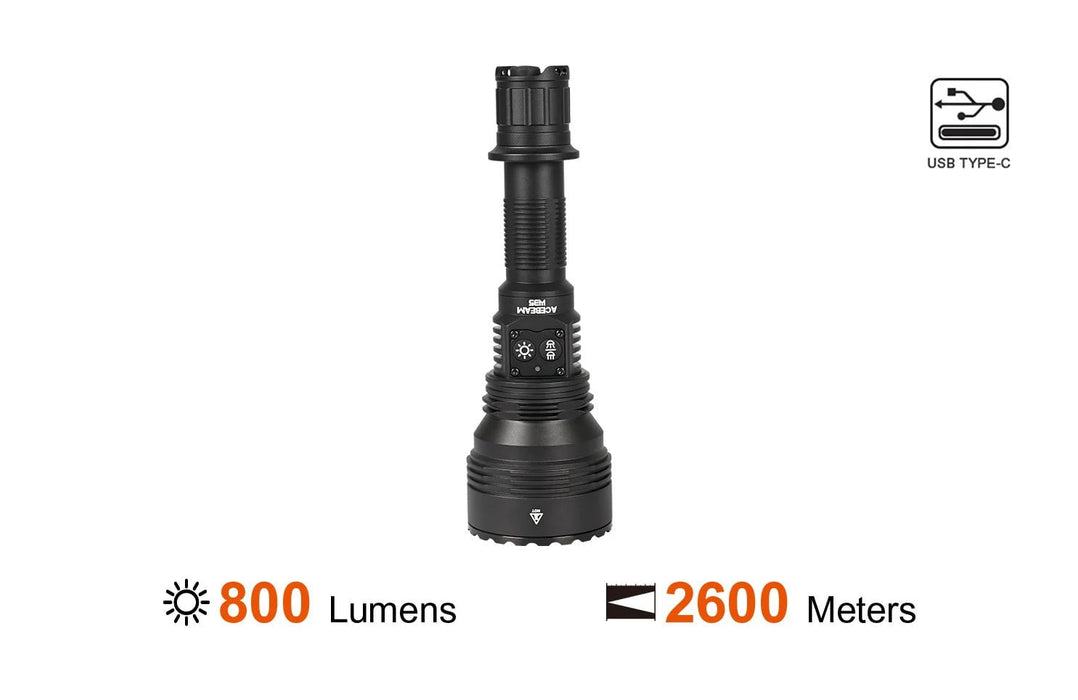 An Acebeam W35 LC DEL Zoom LEP Flashlight with a red light, blue light, and a long beam distance.