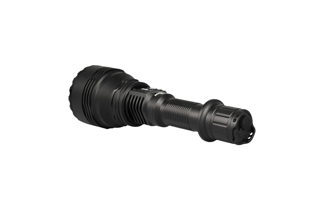 An Acebeam W35 LC DEL Zoom LEP flashlight, emitting a black beam distance, photographed on a white background.