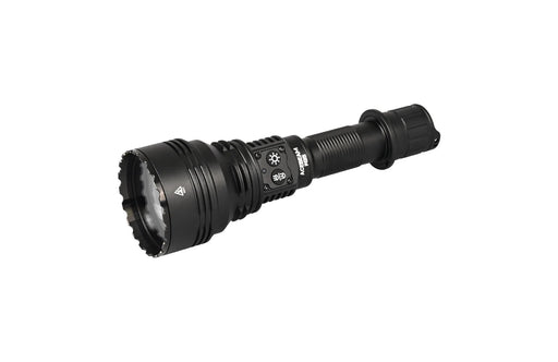 A black Acebeam W35 LC DEL Zoom LEP Flashlight, illuminating a white background with an impressive beam distance.