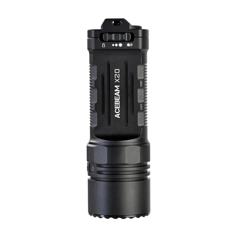 The Acebeam X20 is a rugged black flashlight with a ribbed grip, two buttons, and a side brightness indicator, making it ideal for tactical operations.