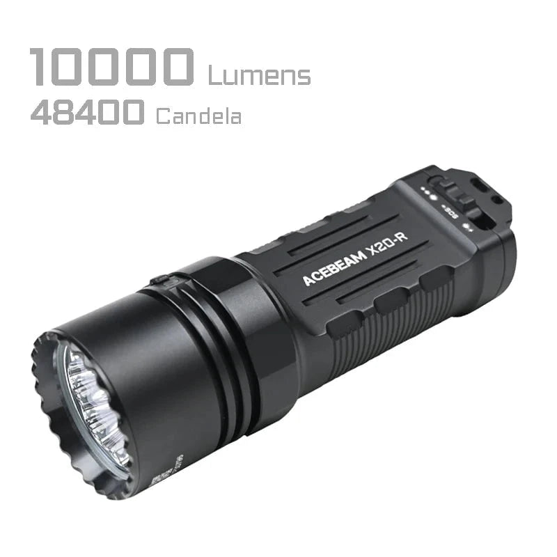 The Acebeam X20-R tactical flashlight delivers 10,000 lumens and 48,400 candela output, making it a powerful solution for your lighting needs.