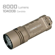 Tan Acebeam X20-R tactical flashlight with 10,000 lumens and 104,006 candela specs shown in gray text on a white background.