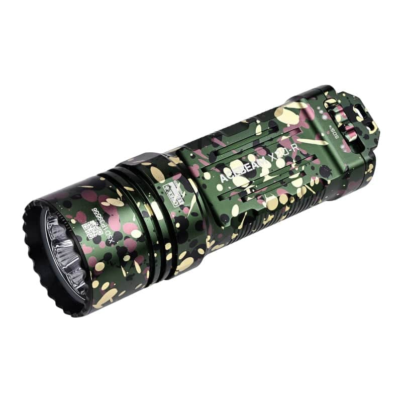 Acebeam X20-R: A handheld tactical flashlight with camouflage pattern, ridged grip, tail push-button switch, and a powerful 10,000 lumen output—ideal for outdoor adventures.