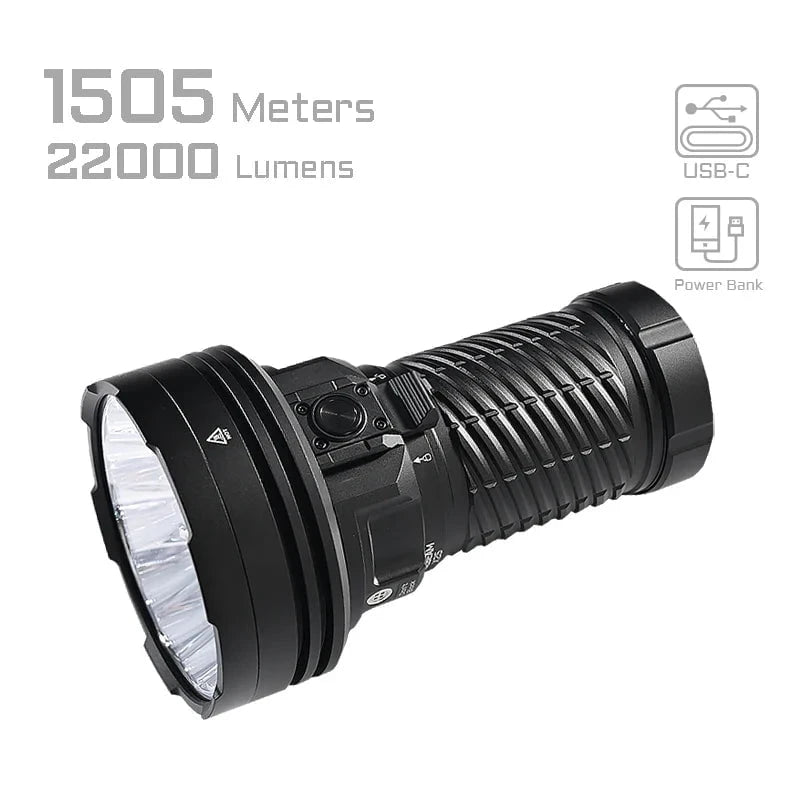 The Acebeam X25 is a black handheld high power flashlight with a ribbed grip, offering 22,000 lumens and a 1505-meter range. It features USB-C charging and power bank functions, making it ideal for those needing long-range illumination.