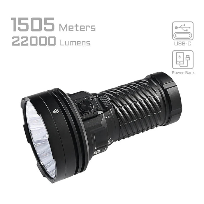 The Acebeam X25 is a black handheld high power flashlight with a ribbed grip, offering 22,000 lumens and a 1505-meter range. It features USB-C charging and power bank functions, making it ideal for those needing long-range illumination.