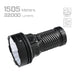 The Acebeam X25 is a black handheld high power flashlight with a ribbed grip, offering 22,000 lumens and a 1505-meter range. It features USB-C charging and power bank functions, making it ideal for those needing long-range illumination.