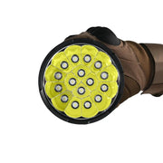 A close-up shows a gloved hand holding the Acebeam X25, a high power flashlight featuring multiple LED bulbs arranged in a circular pattern.