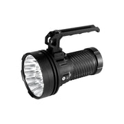 The Acebeam X25 is a black handheld high-power flashlight with a ribbed grip, top handle, and multiple LED bulbs in the reflective lens for intense illumination.