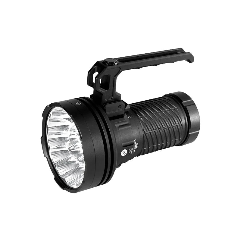 The Acebeam X25 is a black handheld high-power flashlight with a ribbed grip, top handle, and multiple LED bulbs in the reflective lens for intense illumination.