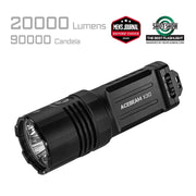 The Acebeam X30 dual-source flashlight features three LEDs, outputting 20,000 lumens and 90,000 candela. The image displays award logos from Men's Journal and SHOT Show.