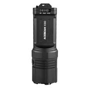 A black Acebeam X30 flashlight, capable of 20000 lumens, stands upright against a white background.