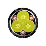 Close-up of the Acebeam X30, a dual-source searching flashlight with a round LED module featuring three large yellow and three small clear lenses in a symmetric layout, delivering up to 20,000 lumens.