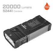 Rectangular black flashlight labeled “Acebeam X35 Multi-Light Powerful Searching Flashlight” with specifications: 20,000 lumens and 52,441 candela—an ultra-bright, rechargeable search flashlight ideal for emergency preparedness. A “New!” icon appears in the top right corner.