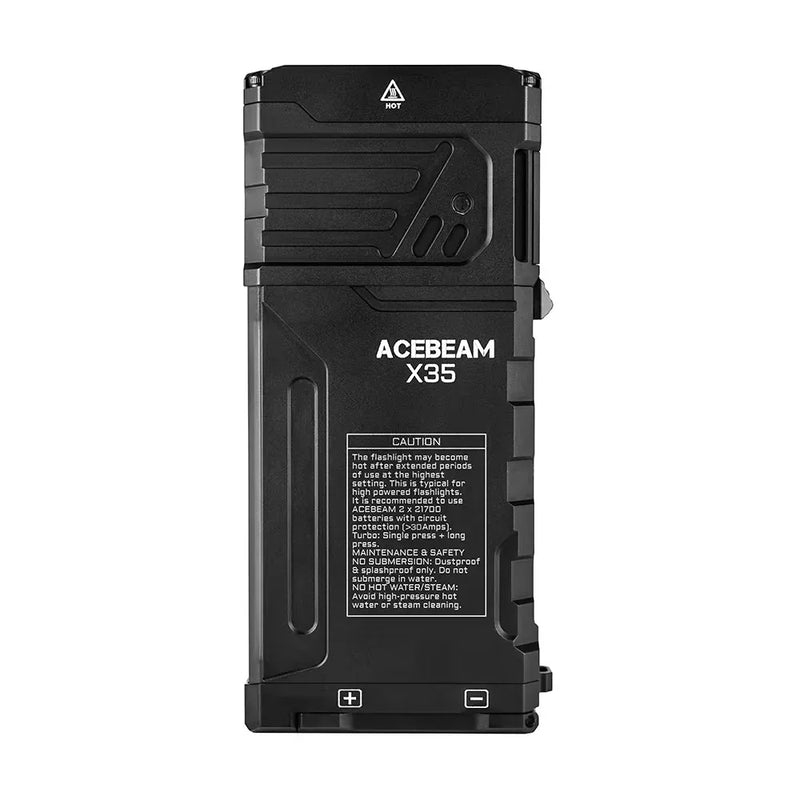 Black rectangular Acebeam X35 Multi-Light Powerful Searching Flashlight shown from the back, featuring caution text, a ridged surface, buttons at the bottom, and a logo at the top—ideal for emergency preparedness with its powerful 20,000-lumen output.