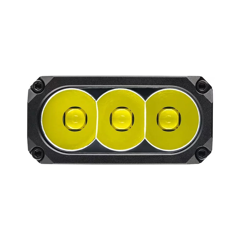 Acebeam X35 Multi-Light Powerful Searching Flashlight—a rectangular, rechargeable search flashlight featuring three circular yellow lenses in a black frame, each affixed with four visible corner screws—perfect for emergency preparedness.