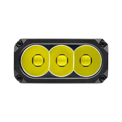 Acebeam X35 Multi-Light Powerful Searching Flashlight—a rectangular, rechargeable search flashlight featuring three circular yellow lenses in a black frame, each affixed with four visible corner screws—perfect for emergency preparedness.