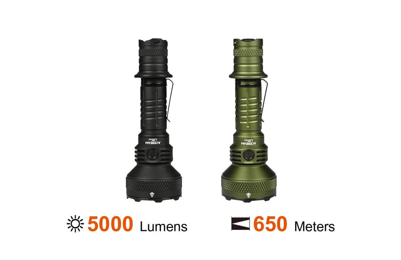 Two different Acebeam L35 2.0 Tactical Flashlights, one equipped with CREE XHP70.3 HI technology and both featuring varying sizes.