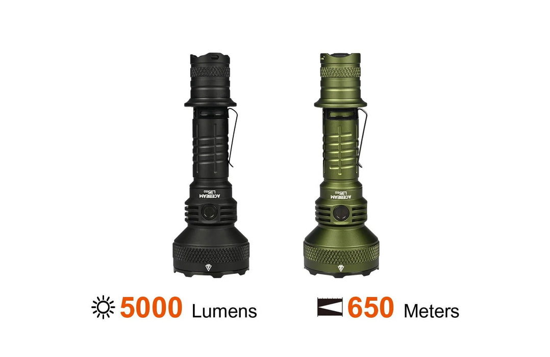 Two different Acebeam L35 2.0 Tactical Flashlights, one equipped with CREE XHP70.3 HI technology and both featuring varying sizes.