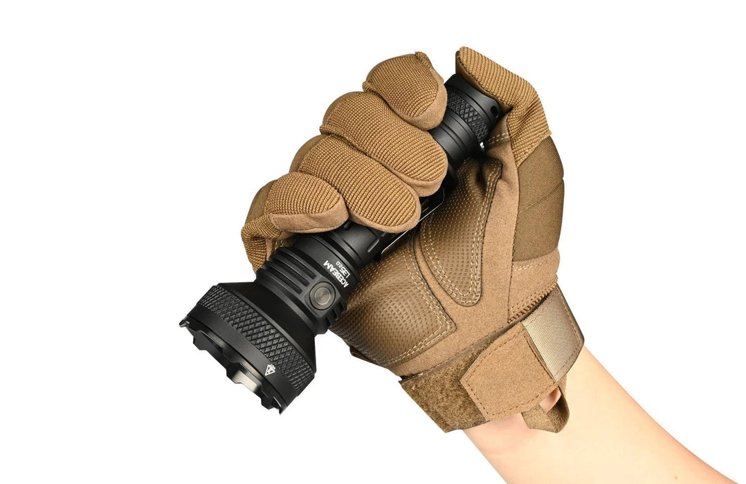 A tactical hand holding an Acebeam L35 2.0 Tactical Flashlight CREE XHP70.3 HI in a coyote colored glove.