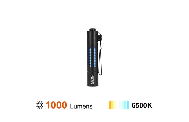 The Acebeam Rider RX 2.0 AA Flashlight is a versatile flashlight that features a red light and a blue light.