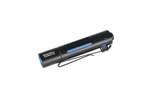 An Acebeam Rider RX 2.0 AA flashlight featuring a black and blue design, showcased against a white background.