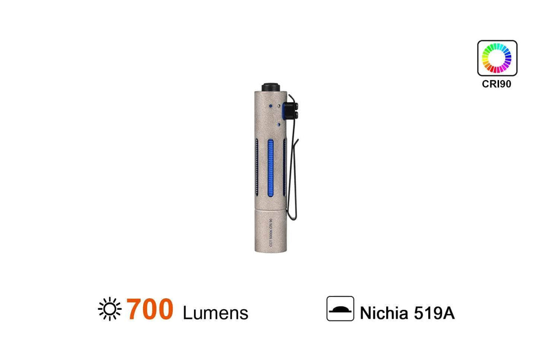 The Nokia Lumia 575, with its titanium exterior, is seen illuminated by the Acebeam Rider RX 2.0 TI AA Flashlight, resembling the Acebeam Rider RX 2.0 TI AA Flashlight.