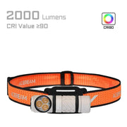 The Acebeam H17 2.0 is a compact orange and grey headlamp with an adjustable strap, warm white LED, high CRI over 90, and 2000 lumens brightness, displayed against a white background.