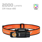 Acebeam H17 2.0 high CRI headlamp with orange strap, triple warm white LEDs, 2000 lumens output, CRI ≥90, and a CRI90 logo displayed on a white background.