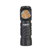 The Acebeam H17 2.0 is a compact black flashlight with three orange-tinted warm white LEDs in a triangular layout, ideal as a high CRI headlamp for clear, natural lighting.