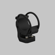 The Armytek Hard Hat Mount AHM-04 is a black metal bracket with two circular clamps and screws, ideal for mounting a headlamp hands-free on a hard hat. Shown against a plain grey background.