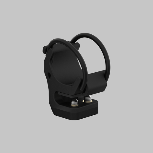 The Armytek Hard Hat Mount AHM-04 is a black metal bracket with two circular clamps and screws, ideal for mounting a headlamp hands-free on a hard hat. Shown against a plain grey background.