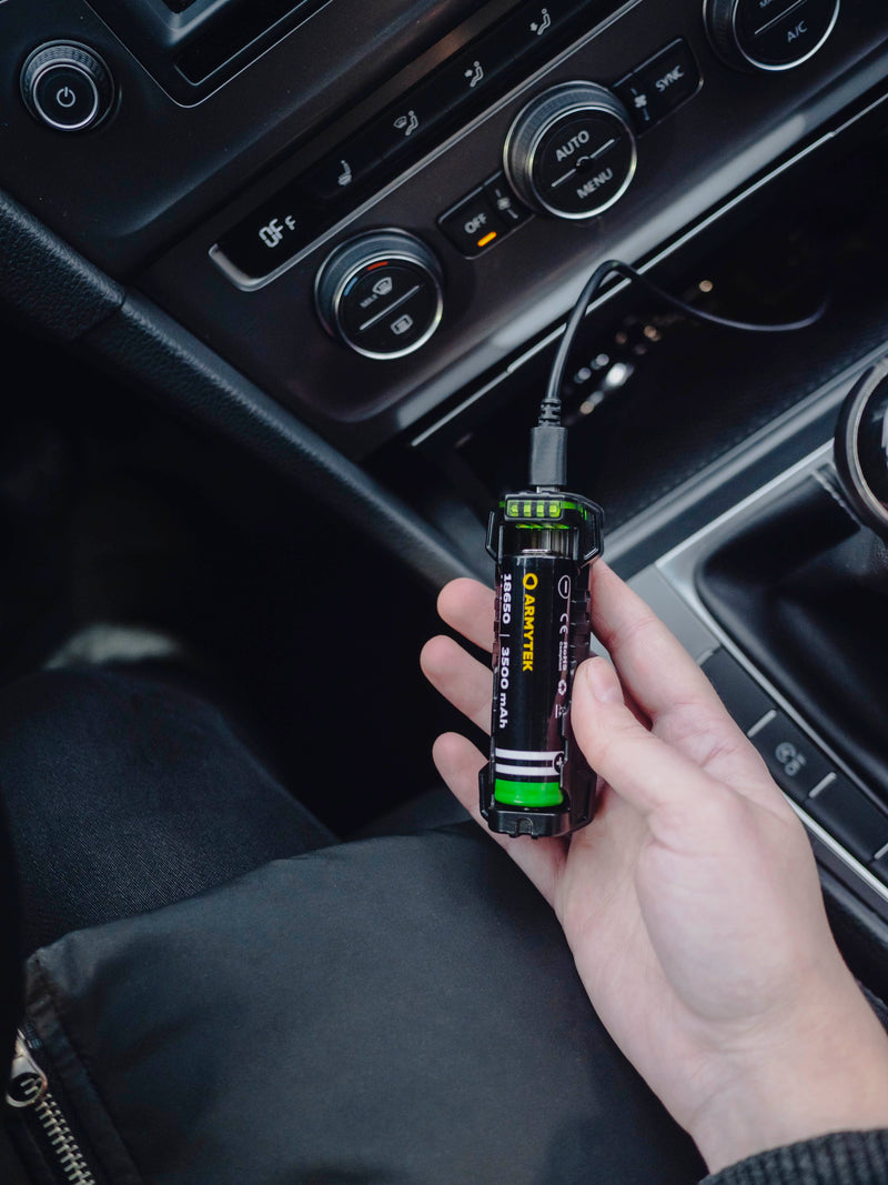 Armytek Handy C1 Pro USB-C charger connected for use in a vehicle