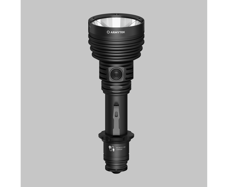 The Armytek Barracuda Pro Max Magnet USB flashlight, featuring a textured grip and large head, is displayed vertically against a gray background, showcasing its robust design and convenient Magnet USB charging.
