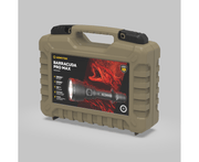 A tan hard plastic carrying case labeled with Armytek Barracuda Pro Max Magnet USB flashlight and product specifications.