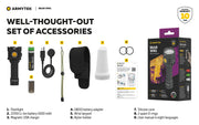 Armytek Bear WRG rechargeable flashlight kit includes the flashlight, Li-ion battery, USB charger, battery adapter, holster, lamp shade, silicone cone, spare O-rings, and multilingual user manual—all labeled with numbers 1-9. The Bear WRG features a long-range beam and provides both red and green flood lighting for versatile applications.