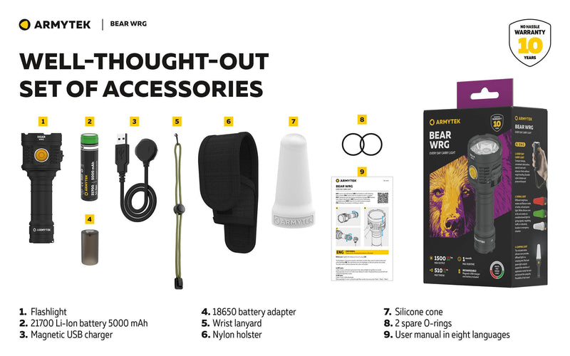 Armytek Bear WRG rechargeable flashlight kit includes the flashlight, Li-ion battery, USB charger, battery adapter, holster, lamp shade, silicone cone, spare O-rings, and multilingual user manual—all labeled with numbers 1-9. The Bear WRG features a long-range beam and provides both red and green flood lighting for versatile applications.