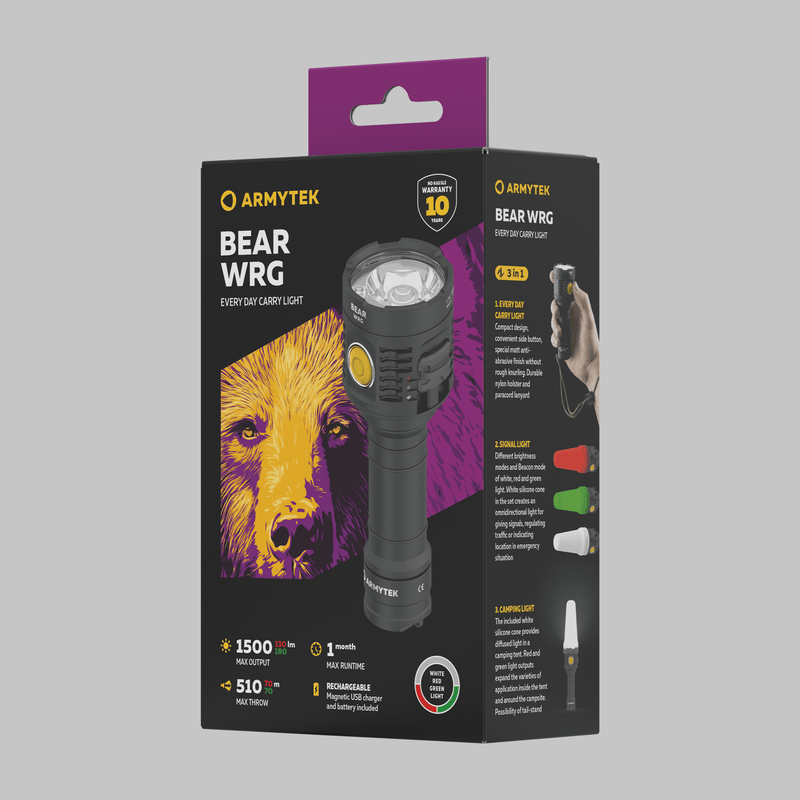 Box of the Armytek Bear WRG multi-color flashlight featuring an illustrated bear face, product image, and key features—including brightness, runtime, lighting modes, and rechargeable functionality—displayed on the packaging.