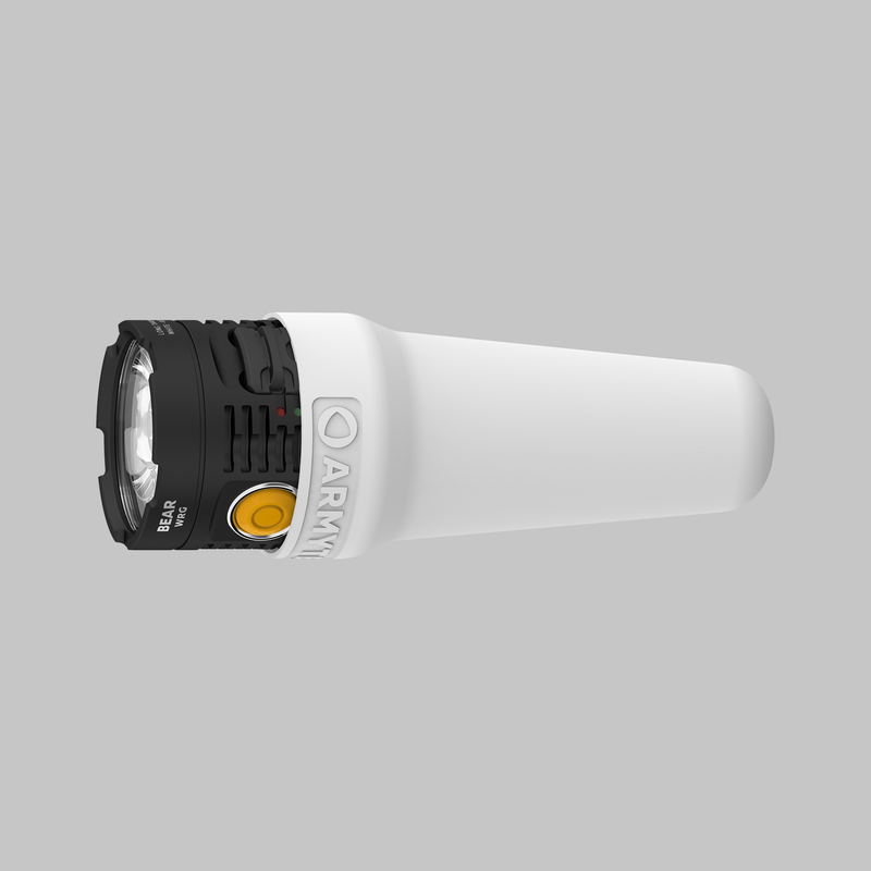 The Armytek Bear WRG, a compact black and white rechargeable flashlight featuring a yellow power button, is shown against a plain gray background.