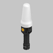 The Armytek Bear WRG is a black and white handheld rechargeable flashlight featuring a large white diffuser cap, a yellow power button, and the “ARMYTEK” brand name displayed on the front.
