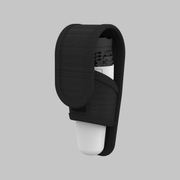 A black fabric holster with a flap, holding the white and gray Armytek Bear WRG rechargeable flashlight, is pictured against a plain gray background.