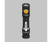 Black Armytek Partner C2 Magnet USB flashlight with a warm hue and yellow power button, displayed on a gray background.
