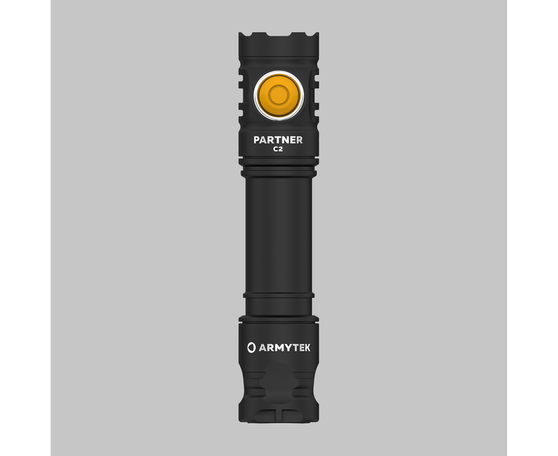 An Armytek Partner C2 Magnet USB flashlight, with a yellow button, is displayed against a gray background.