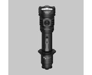 An Armytek Predator Pro Max tactical flashlight in black, featuring a central power button and magnetic USB charging port, is displayed on a plain gray background.