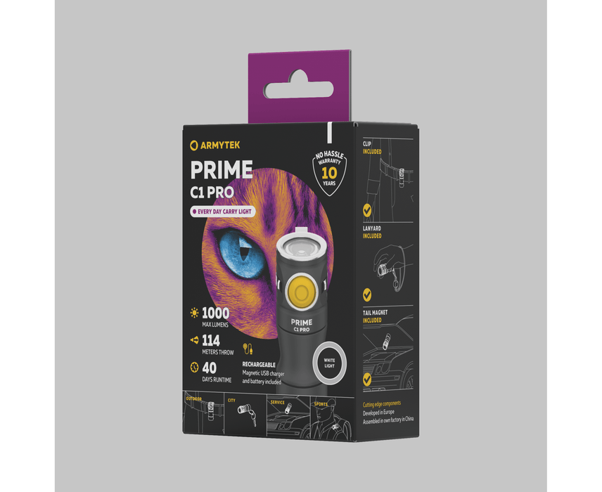The packaging for the Armytek Prime C1 Pro Magnet USB is shown.