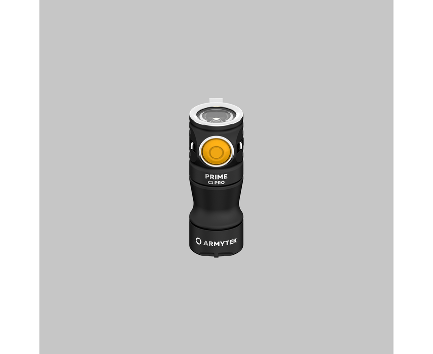 An Armytek Prime C1 Pro Magnet USB with a yellow light on a gray background.