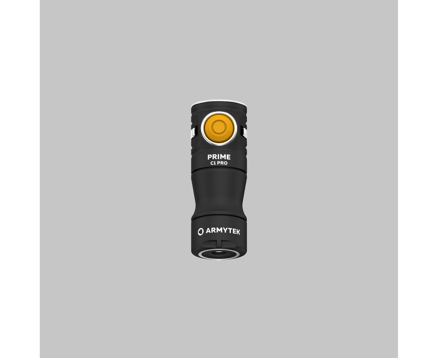 An Armytek Prime C1 Pro Magnet USB with a yellow button on a gray background.